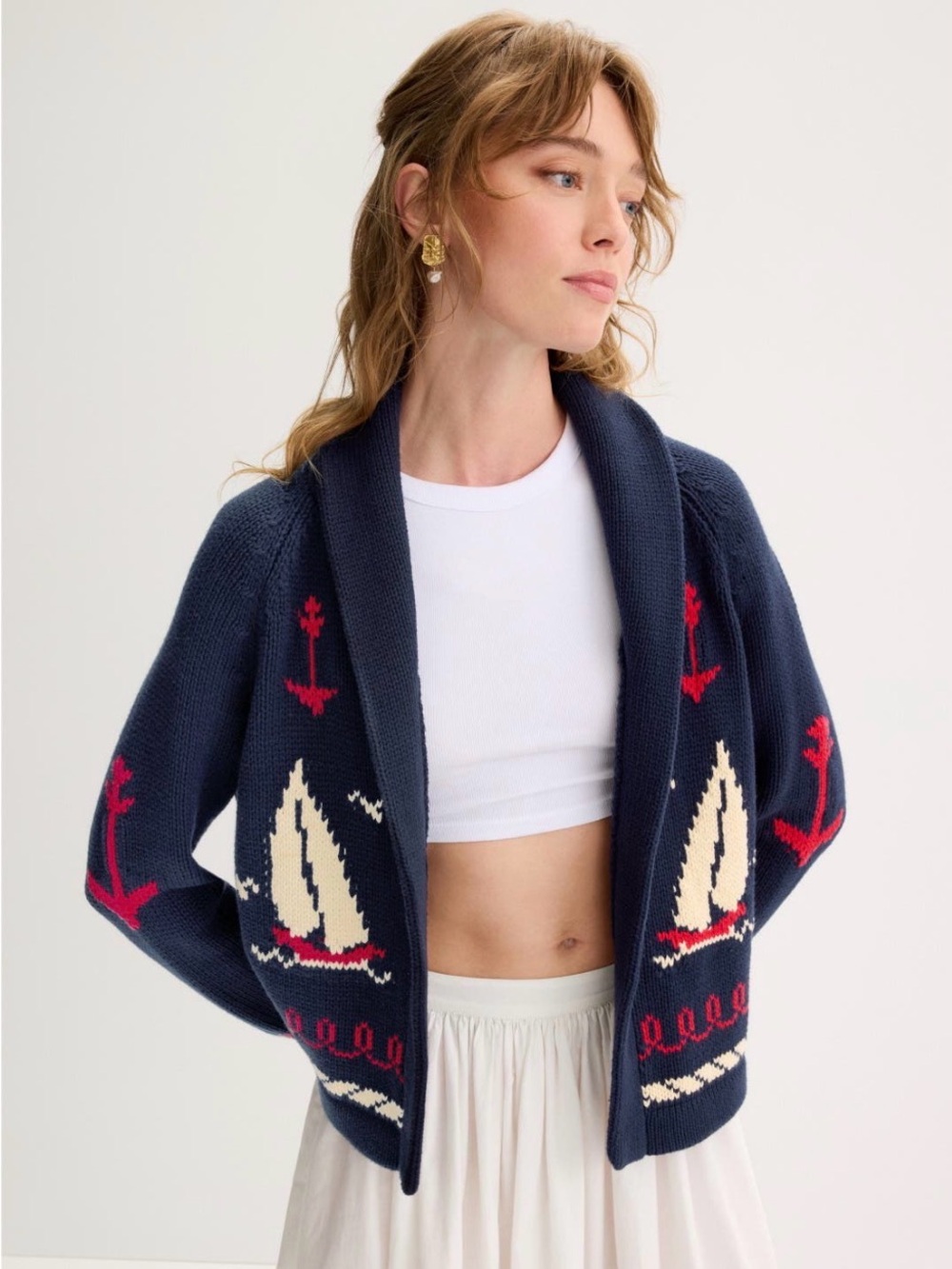 THE GREAT. Navy Sailboat Lodge Knit Cardigan with Cream and Red Accents - Picture 3 of 6